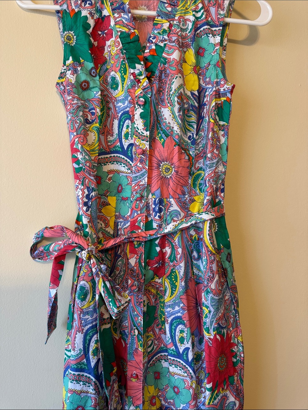 Talbots Sleeveless Paisley Floral Tie-Waist Midi Dress in Green, Pink and Yellow - Picture 3 of 9